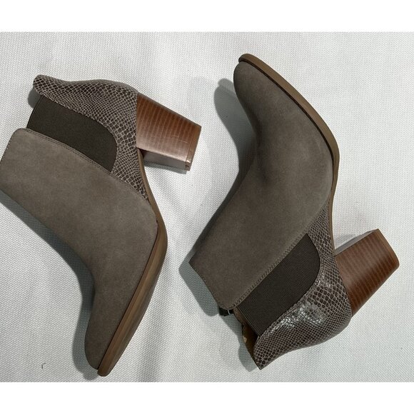 Vionic Anne Ankle Booties Suede Faux Snakeskin Womens 10 Zip Up Tan Block Heel - Picture 2 of 12